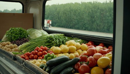 Fruits and vegetables in a truck. Horizontal photo. Selective focus.の素材