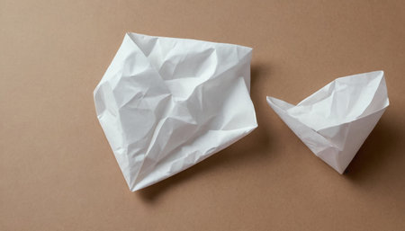 White paper crumpled isolated on brown background. Copy space.の素材