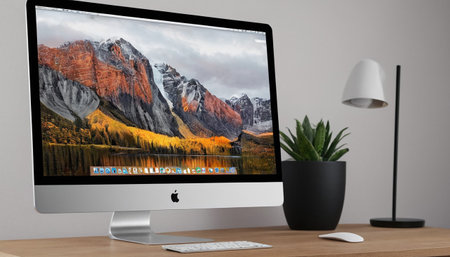 Modern desktop with computer on the table, close-up, 3D renderingの素材