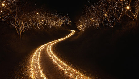 Christmas tree lights on the road in the forest at night time.の素材