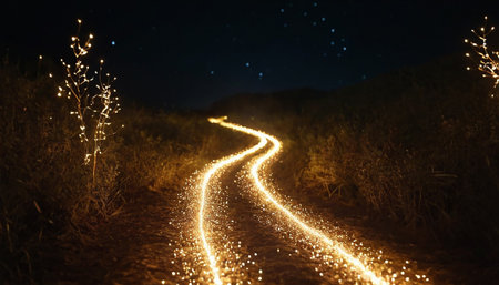 Dirt road in the forest at night. Glowing lights.の素材