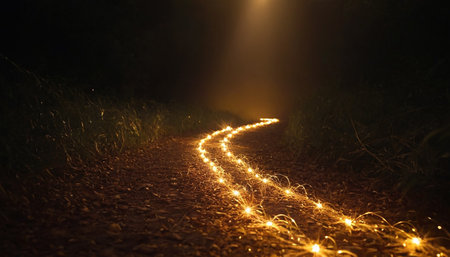 Road in the forest at night. Light trail in the forest.の素材