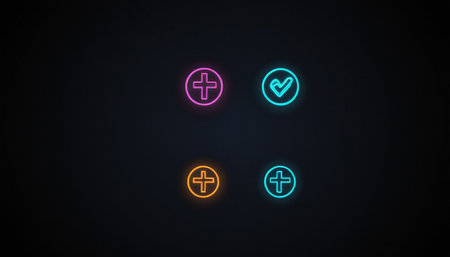 Glowing neon cross and plus icons on dark background. Health care conceptの素材