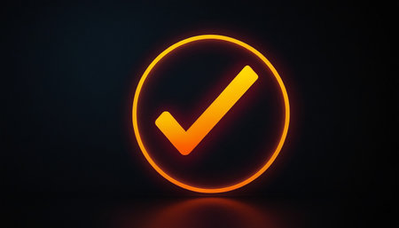 Glowing orange check mark icon on dark background. 3D renderingの素材