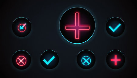 Illustration of neon buttons on dark background, 3D rendering.の素材