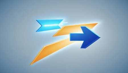 3D rendering of two arrows in blue and orange on white backgroundの素材