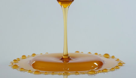 Honey dripping from a spoon into a bowl on a white backgroundの素材