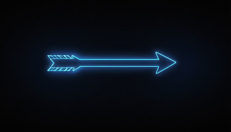 Neon arrow icon in blue light on dark background. 3D renderingの素材