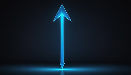 Blue glowing arrow on dark background, 3d rendering. Computer digital drawing.の素材