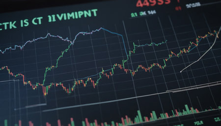 financial graph on the monitor with indicator showing bullish point or bearish point, up trend or down trend of price of stock market or stock exchange, investment and financial conceptの素材