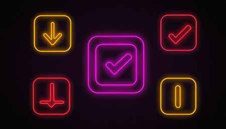 Illustration set of glowing neon check boxes with arrows and check mark.の素材