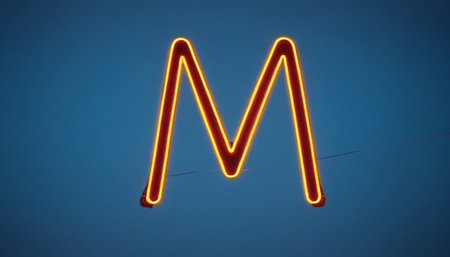 Neon letter M on a blue background. 3d illustration.の素材