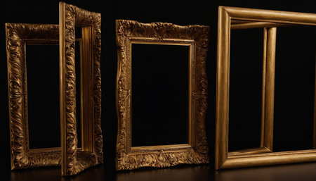 Golden picture frames on black background, close-up, copy spaceの素材