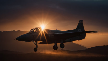 Military fighter jet flying in the sky at sunset with sunbeamsの素材