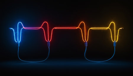 Glowing neon headphones, 3d rendering. Computer digital drawing.の素材