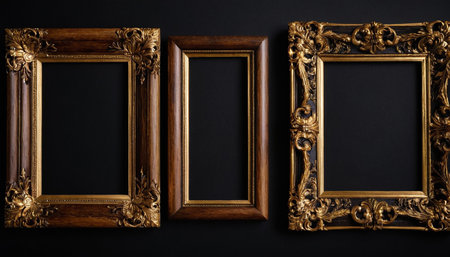 Three vintage picture frames on black background. Place for your text.の素材