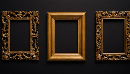 Wooden picture frames on black background. Flat lay, top view.の素材