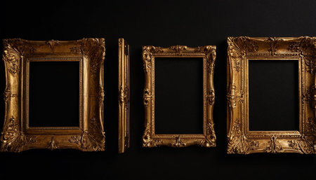 Set of antique gold picture frames on black background. Mockup for designの素材