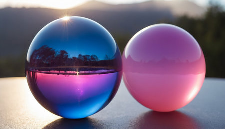 Two glass balls on a table against the background of the setting sunの素材