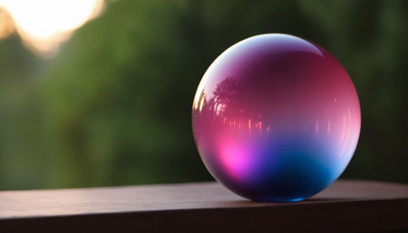 Colorful crystal ball on the wooden table. Blurred background.の素材