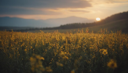 Sunset over a field of sunflowers with mountains in the backgroundの素材