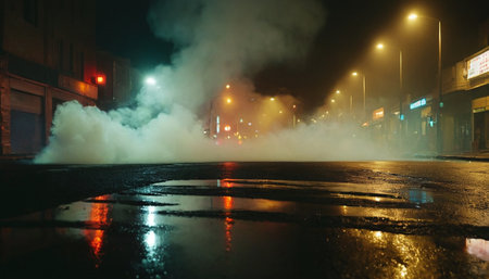 A foggy night in the city. Smoke from a fire in the street.の素材