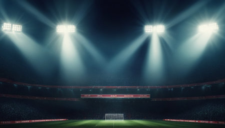 Soccer stadium in lights and flashes 3d render image with copy spaceの素材