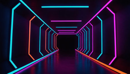 3D rendering of an empty corridor with neon lights. Futuristic backgroundの素材