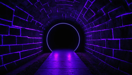 Dark tunnel with neon lights. 3D rendering. Neon light tunnel.の素材