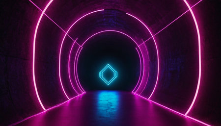 3d abstract background with neon lights. neon tunnel.space construction. 3d illustrationの素材