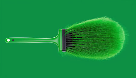 Green paint brush isolated on green background. 3D rendering illustration.の素材
