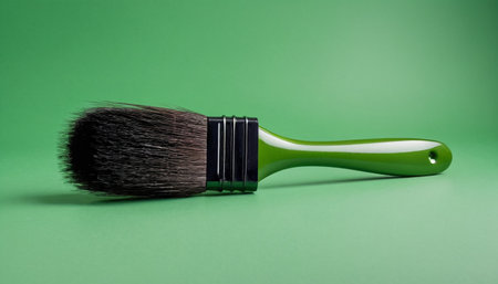 Green paint brush on a green background. Studio shot. Isolated.の素材