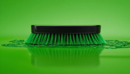 cleaning brush on a green background close-up with a reflectionの素材