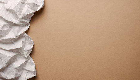 White crumpled paper on brown background with copy space for textの素材