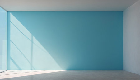 Empty room with blue wall and sunlight. 3d render illustration.の素材