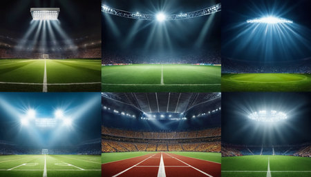 Set of soccer or football stadium backgrounds with bright spotlights and playersの素材