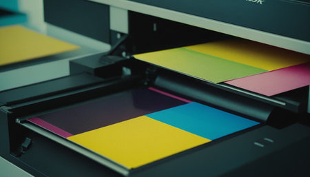 Close up of a printer with color swatches in a printing studioの素材