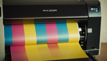 Printer with multicolored paper on the desk, close upの素材