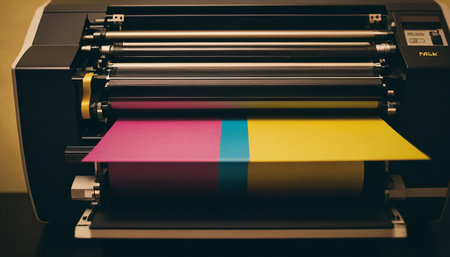 Printing machine with multicolored paper sheets in the office.の素材