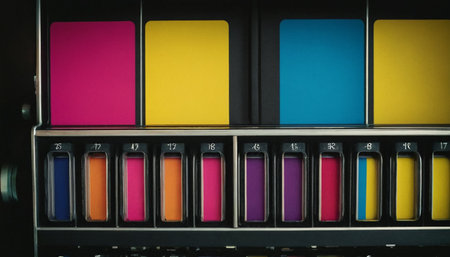 Colorful office folders with papers and documents in a row, close upの素材