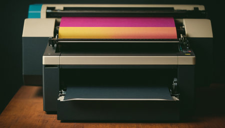 multifunction printer on a wooden table in a dark room.の素材