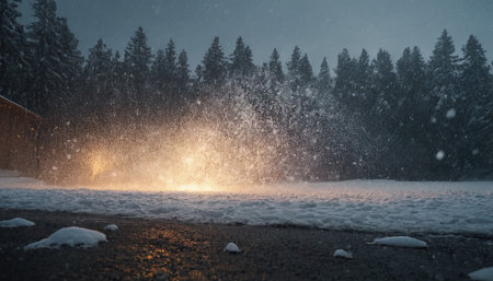 snowfall on the road in the forest in winter at nightの素材