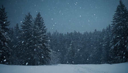 Snowy winter landscape with fir trees and falling snowflakes.の素材