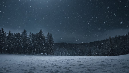 Snowfall in the mountains. Winter landscape with snowy fir trees.の素材