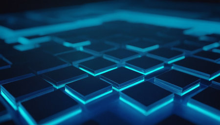 Abstract background with blue glowing cubes. 3d rendering, 3d illustration.の素材