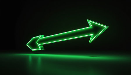 3d rendering of an arrow pointing to the right in green lightの素材