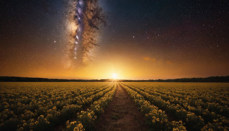 Milky Way over rapeseed field. Beautiful landscape with milky way.の素材