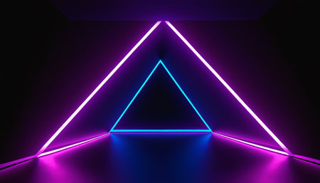 3d rendering, glowing neon triangle, abstract background, empty space, ultraviolet lightの素材