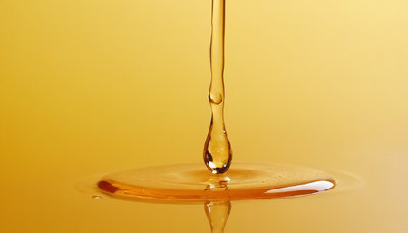 close up of a drop of oil on a yellow background with reflectionの素材