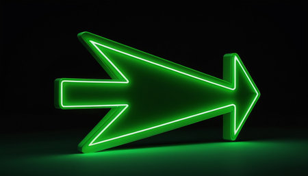 Green neon arrow glowing on black background. 3D Rendering.の素材